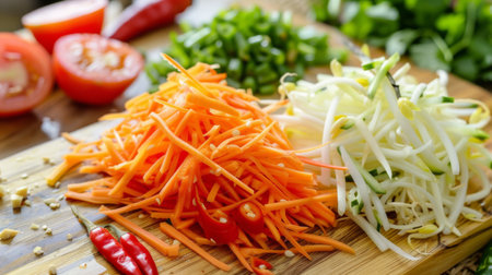 Close-up of som tam salad ingredients arranged on a wooden cutting board, including shredded green papaya, tomatoes, and Thai chili peppers, ready for preparationの素材