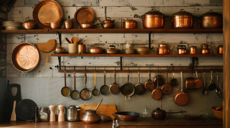 Copper pots and pans hanging on a rustic kitchen wall, with wooden shelves and vintage decor, capturing a cozy and nostalgic kitchen atmosphereの素材