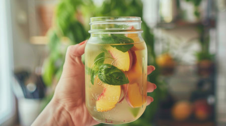 A hand holding a mason jar filled with peach and basil-infused water, showcasing a simple yet flavorful hydration optionの素材