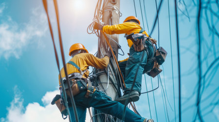 A power line maintenance crew working together to replace or repair damaged cables on a utility pole, ensuring safe and reliable electricity supply.の素材