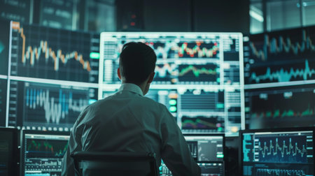 A stock market trader analyzing stock price graphs and technical indicators on a digital screen, making buy or sell decisions.の素材