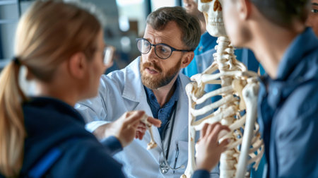 A medical professional examining a model of the human skeleton, explaining anatomy and bone structure to a group of students.の素材