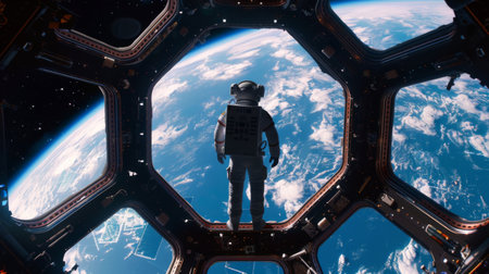 An astronaut floating in the cupola of a space station, observing Earth below with a sense of awe and wonder.の素材