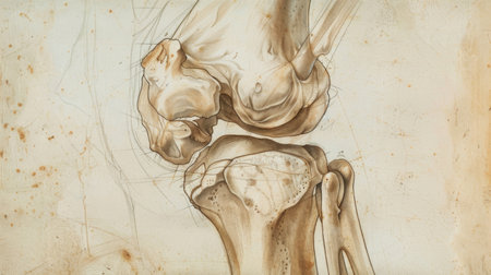 An anatomical drawing of the human knee joint, showing the complex arrangement of bones, ligaments, and cartilage in the knee.の素材