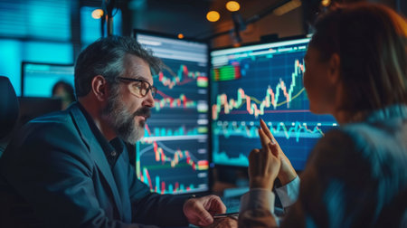 An investor discussing stock market trends and graphs with a financial advisor in a modern office setting.の素材