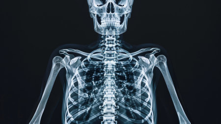 An X-ray image of a human skeleton, showcasing the intricate structure of bones and joints in the human body.の素材