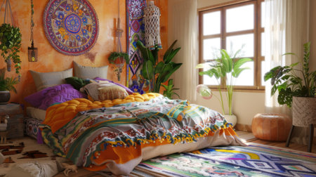 Bohemian bedroom with eclectic decor, layered textiles, and vibrant colors, expressing creativity and free-spiritednessの素材