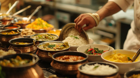 Chef plating vegetarian thali meal with an assortment of curries, dal, rice, and bread, showcasing the diverse flavors and textures of Indian cuisineの素材