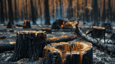 Burned tree stumps and ash-covered ground in a forest fire aftermath, illustrating the long-term ecological impact of wildfiresの素材