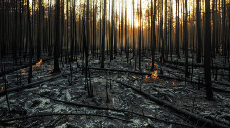 Charred trees standing in a burned forest after a wildfire, illustrating the aftermath and devastation of uncontrolled firesの素材