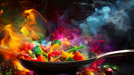 Chef cooking a delicious meal in a large non-stick frying pan, with colorful ingredients sizzling and steam rising, creating a vibrant and appetizing sceneの素材