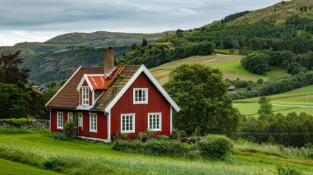 Charming Nordic farmhouse surrounded by rolling hills and meadows, with a red-painted exterior, white trim, and a picturesque setting, exuding rural tranquilityの素材