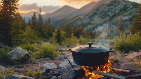 Cast iron dutch oven on an open flame in an outdoor camping setting, with a scenic background of mountains and forests, highlighting outdoor cookingの素材