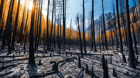 Charred trees standing in a burned forest after a wildfire, illustrating the aftermath and devastation of uncontrolled firesの素材