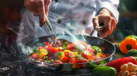 Chef cooking a delicious meal in a large non-stick frying pan, with colorful ingredients sizzling and steam rising, creating a vibrant and appetizing sceneの素材