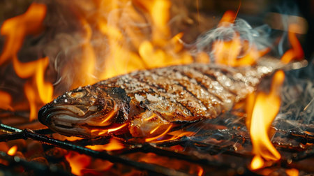 Close-up of a fish grilling on a barbecue grill, with flames licking the edges of the meat, creating a mouthwatering and aromatic dishの素材