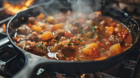 Close-up of a cast iron skillet on a stovetop, with a hearty stew bubbling inside, emphasizing the durability and versatility of cast iron cookwareの素材