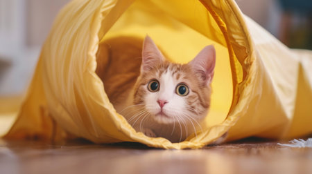 Chubby cat playing with a toy tunnel, peeking out from inside with a curious and playful expression, creating a fun and engaging imageの素材