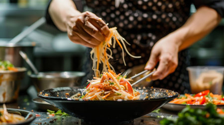 Chef tossing green papaya salad with a tangy dressing of fish sauce, lime juice, and palm sugar, highlighting the art of Thai culinary craftsmanshipの素材