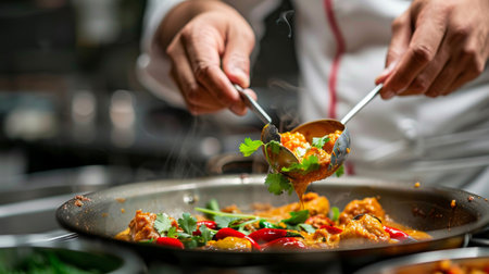 Chef garnishing aromatic Indian curry with fresh cilantro and chili peppers, adding a pop of color and flavor to the dishの素材