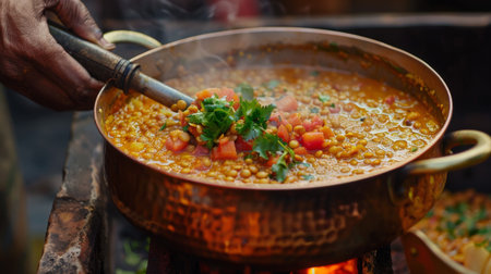 Chef preparing aromatic Indian dal curry with lentils, tomatoes, and spices, simmering to perfection in a traditional copper potの素材