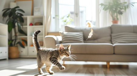 Cat chasing after a feather toy in a bright, modern living room, with sleek furniture and stylish decor setting the scene for playful indoor anticsの素材