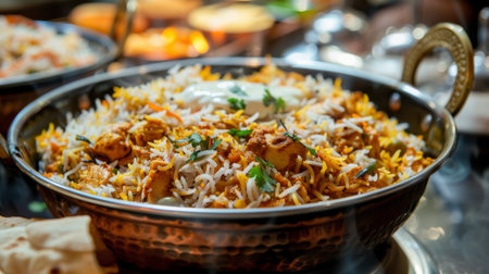 Close-up of sizzling and aromatic chicken biryani, served with raita and papadum, a fragrant and flavorful Indian rice dishの素材