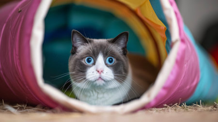 Chubby cat playing with a toy tunnel, peeking out from inside with a curious and playful expression, creating a fun and engaging imageの素材