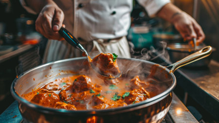 Chef preparing butter chicken curry in a traditional Indian copper pot, simmering with creamy tomato sauce and tender chicken piecesの素材