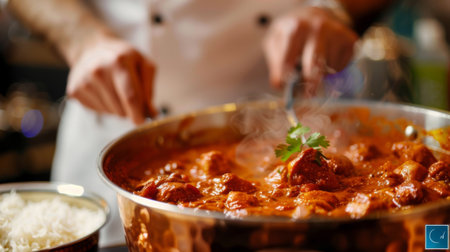 Chef preparing butter chicken curry in a traditional Indian copper pot, simmering with creamy tomato sauce and tender chicken piecesの素材