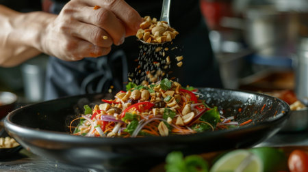 Chef garnishing som tam salad with a sprinkle of toasted peanuts and a squeeze of lime juice, adding the final touches to this iconic Thai culinary masterpieceの素材