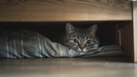 Chubby cat dozing in a large storage box under a bed, with just its head peeking out, capturing a hidden yet cozy nap spotの素材