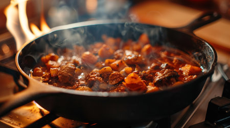 Close-up of a cast iron skillet on a stovetop, with a hearty stew bubbling inside, emphasizing the durability and versatility of cast iron cookwareの素材