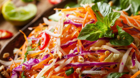 Colorful Thai papaya salad with shredded carrots and cabbage, tossed in a spicy dressing and topped with crispy fried shallots, a flavorful explosion in every biteの素材