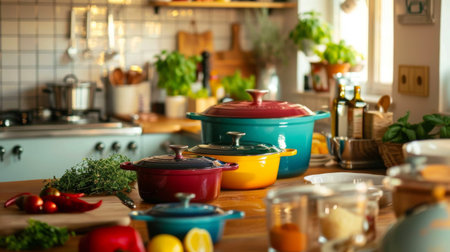 A set of enameled cast iron pots in bright colors displayed on a kitchen island, surrounded by fresh herbs and spices, showcasing vibrant and durable cookwareの素材