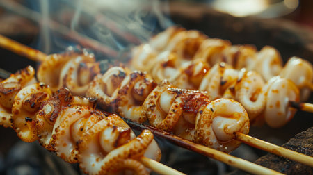 Close-up of marinated squid tubes grilling on skewers, releasing aromatic flavors and creating a mouthwatering dish for seafood loversの素材