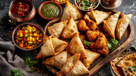 Colorful assortment of Indian street food snacks, including samosas, pakoras, and chaat, served on a rustic wooden platterの素材