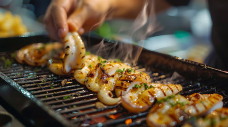 Chef basting grilled squid with garlic butter sauce, infusing the tender meat with rich flavor and moisture for a succulent seafood experienceの素材