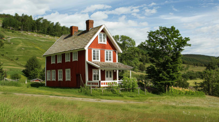 Charming Nordic farmhouse surrounded by rolling hills and meadows, with a red-painted exterior, white trim, and a picturesque setting, exuding rural tranquilityの素材