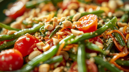 Close-up of Thai green papaya salad with long beans and cherry tomatoes, tossed in a spicy dressing and topped with crushed peanuts, a culinary masterpieceの素材