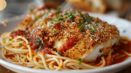 Chicken tenderloin steak coated in breadcrumbs and Parmesan cheese, baked until golden brown and served with marinara sauce and spaghettiの素材