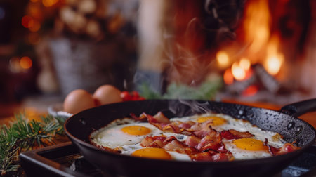 Close-up of a frying pan with sizzling bacon and eggs, with a cozy breakfast setting in the background, creating a warm and inviting atmosphereの素材