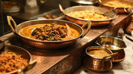 Colorful Indian curry dishes served in traditional copper bowls, showcasing the vibrant flavors and spices of Indian cuisineの素材