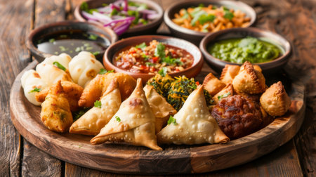 Colorful assortment of Indian street food snacks, including samosas, pakoras, and chaat, served on a rustic wooden platterの素材