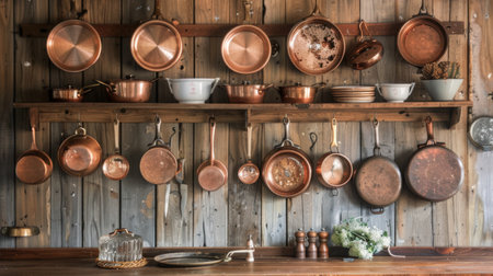 Copper pots and pans hanging on a rustic kitchen wall, with wooden shelves and vintage decor, capturing a cozy and nostalgic kitchen atmosphereの素材