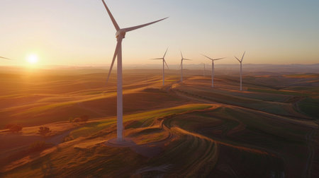 A wind turbine farm at sunrise, with the first light of dawn casting a warm glow on the landscape as the turbines begin to turn.の素材