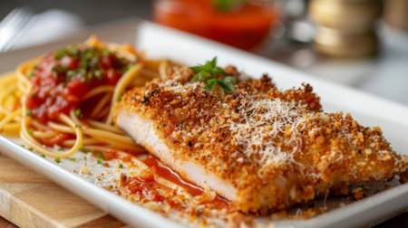 Chicken tenderloin steak coated in breadcrumbs and Parmesan cheese, baked until golden brown and served with marinara sauce and spaghettiの素材