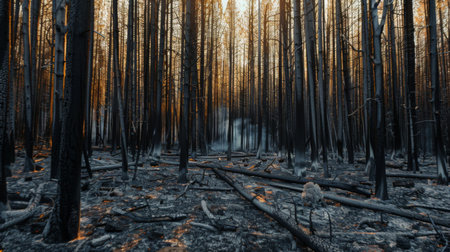 Charred trees standing in a burned forest after a wildfire, illustrating the aftermath and devastation of uncontrolled firesの素材