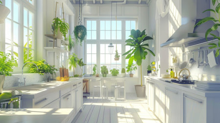 Bright and airy kitchen with large windows, potted plants, and natural light flooding in, creating a fresh and vibrant cooking spaceの素材