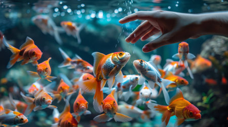 A hand reaching into a beautifully adorned aquarium to feed a group of lively goldfish, their vibrant colors shining in anticipation.の素材